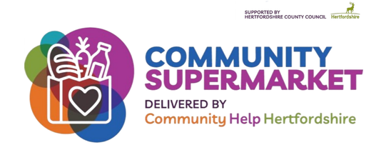 Community Supermarket logo - delivered by Community Help Hertfordshire and supported by Hertfordshire County Council
