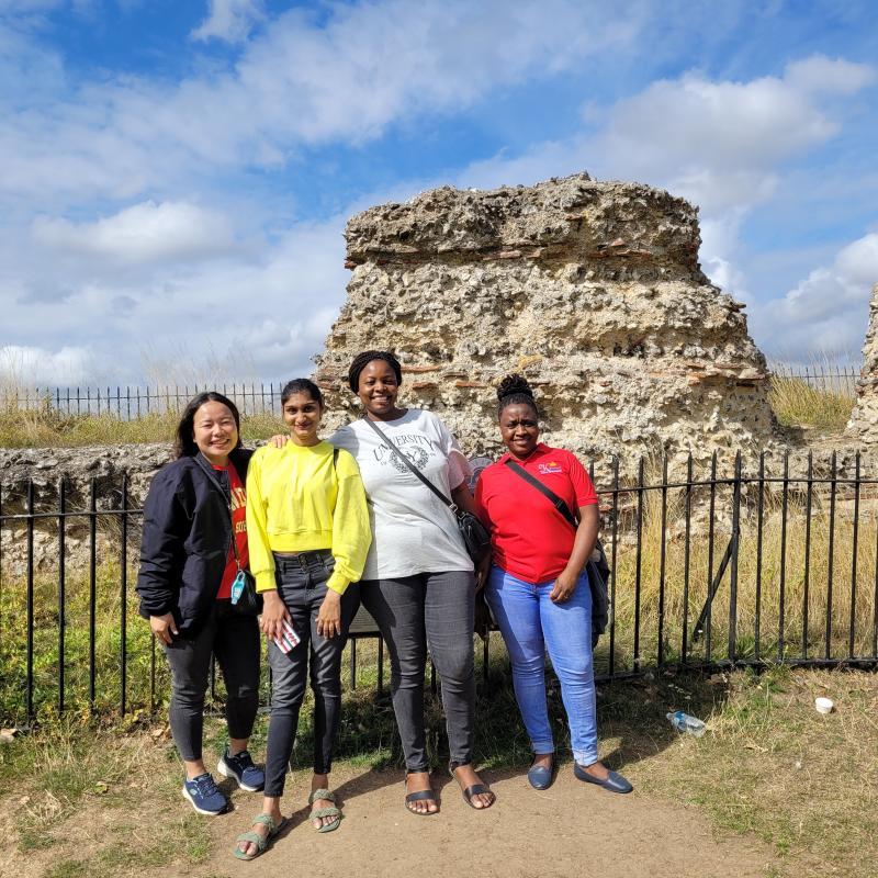 International recruits on a day trip, in front of the St Albans, Verulamium park Roman ruins