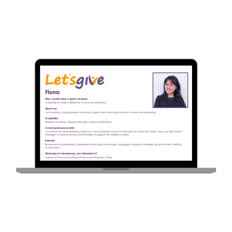 Fiona's Let's Give profile shown on a laptop.